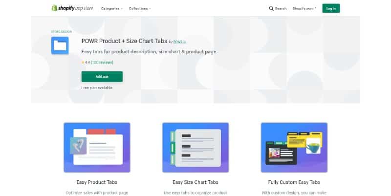 POWR Product + Size Chart Tabs