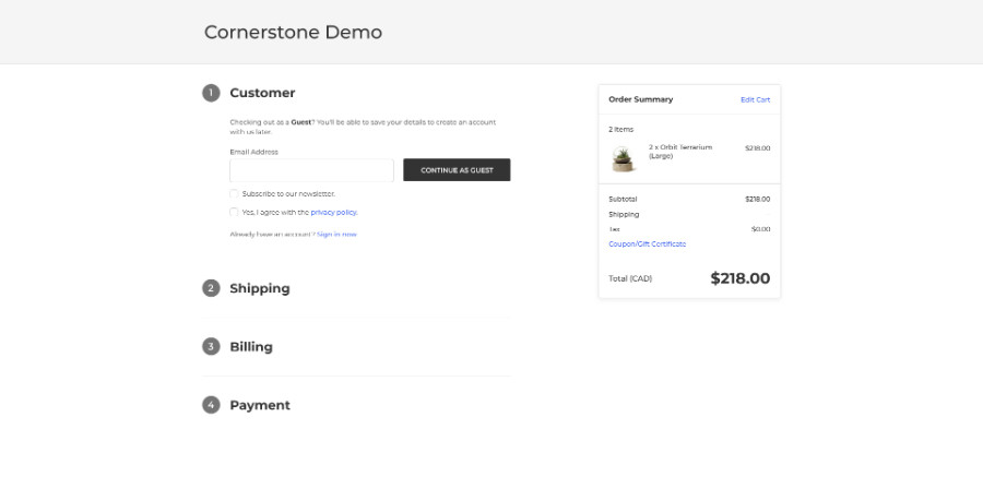 Single Page Checkout Cornerstone Demo